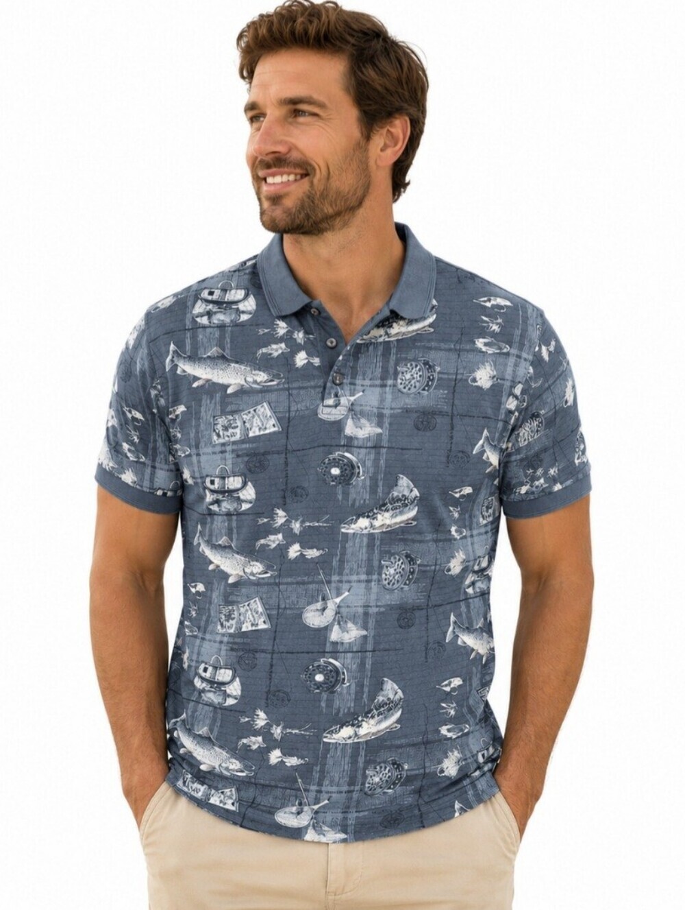 Vintage RedHead Fishing Polo Shirt XL 100% Cotton Trout Fly Reel All Over Print